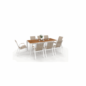 Salon de jardin NOUMEA table 190 cm plateau verre trempé effet bois et 8 chaises empilables blanc et bois