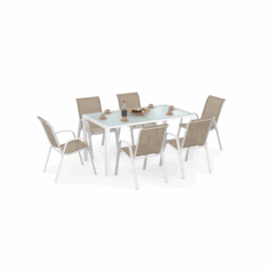 Salon de jardin MADRID table 150 CM et 6 chaises empilables blanc et beige