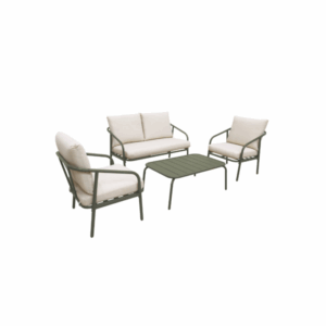 Salon de jardin en métal 4 places kaki. coussins beige. design épuré