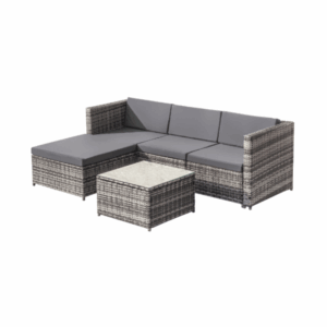 Salon de jardin en résine tressée – Canapé d’angle extérieur avec table basse – 4 places – Gris
