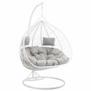 Fauteuil suspendu 2 places en résine tressée – Blanc avec coussins gris – CAYAMBE de MYLIA